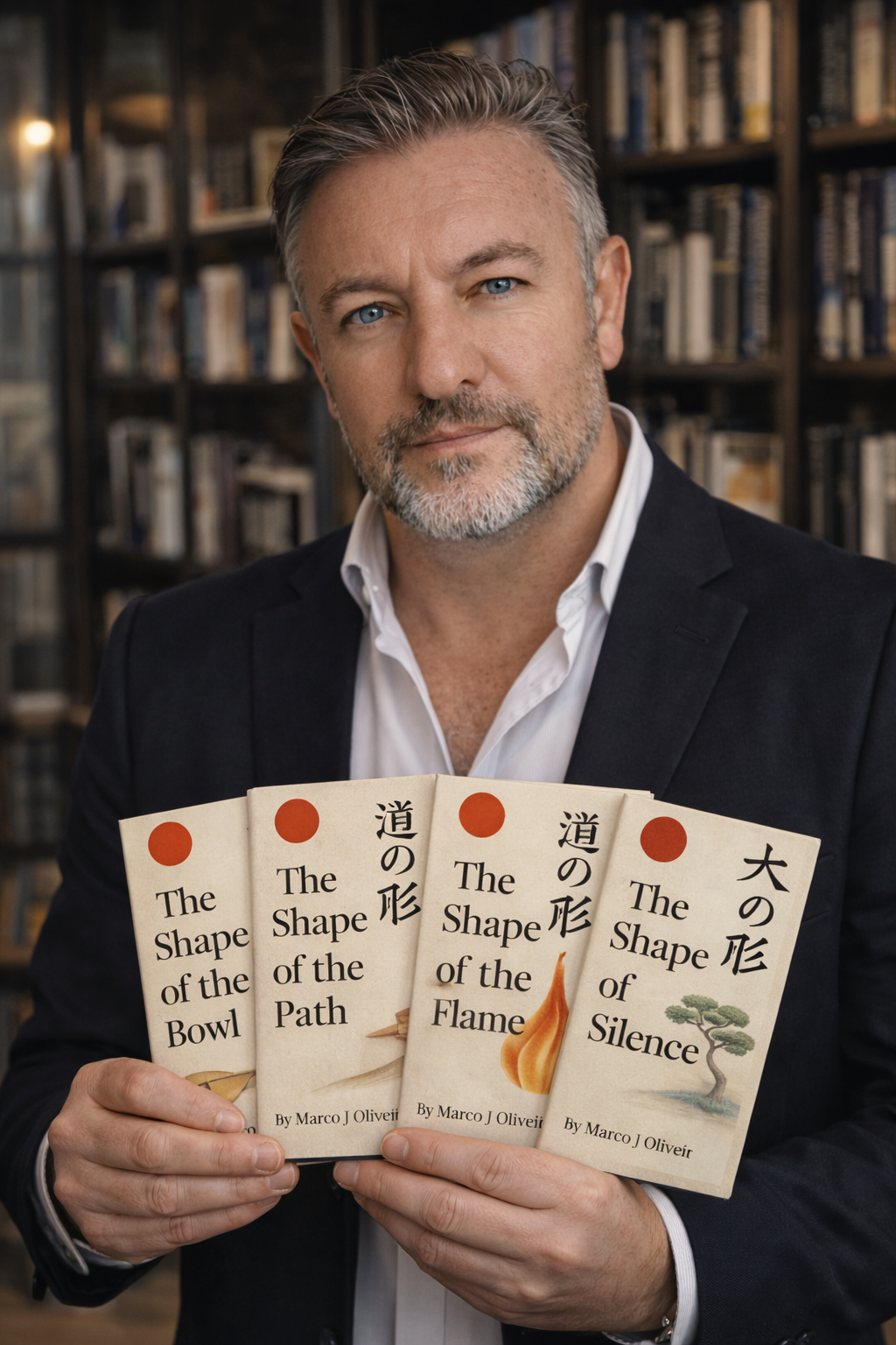 Marco J Olivier holding books from The Shape of Series